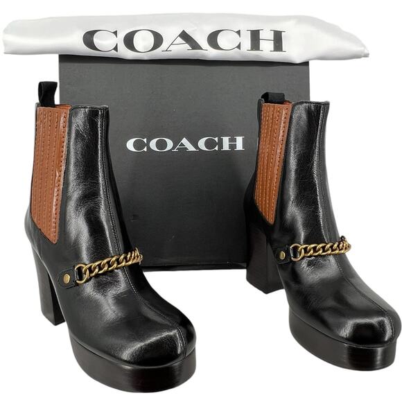 NIB BRAND NEW Women's Black Sadle COACH 1941 Chelsea Platform Bootie Size 6 - Picture 1 of 11
